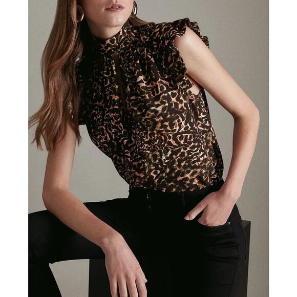 Karen Millen Blouse Top 6 Leopard Print Keyhole Ruffle Sleeveless New - Picture 1 of 4